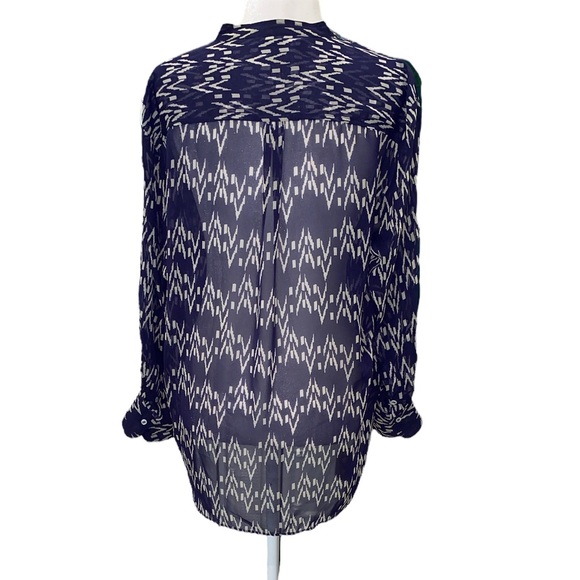 Zara Navy Blue Tribal Zigzag Chevron Striped Printed Semi Sheer Blouse - S - Picture 7 of 13